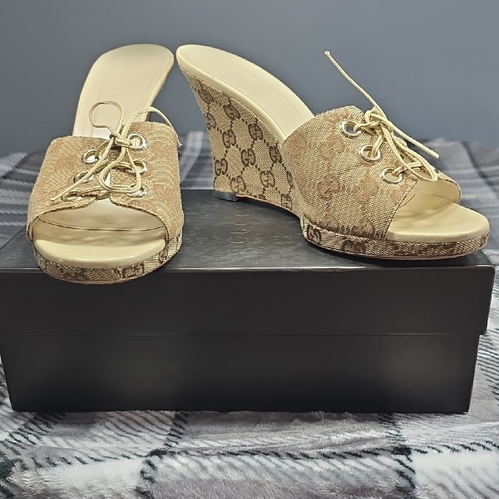 Gucci Tan Lace-Up Wedge Sandals